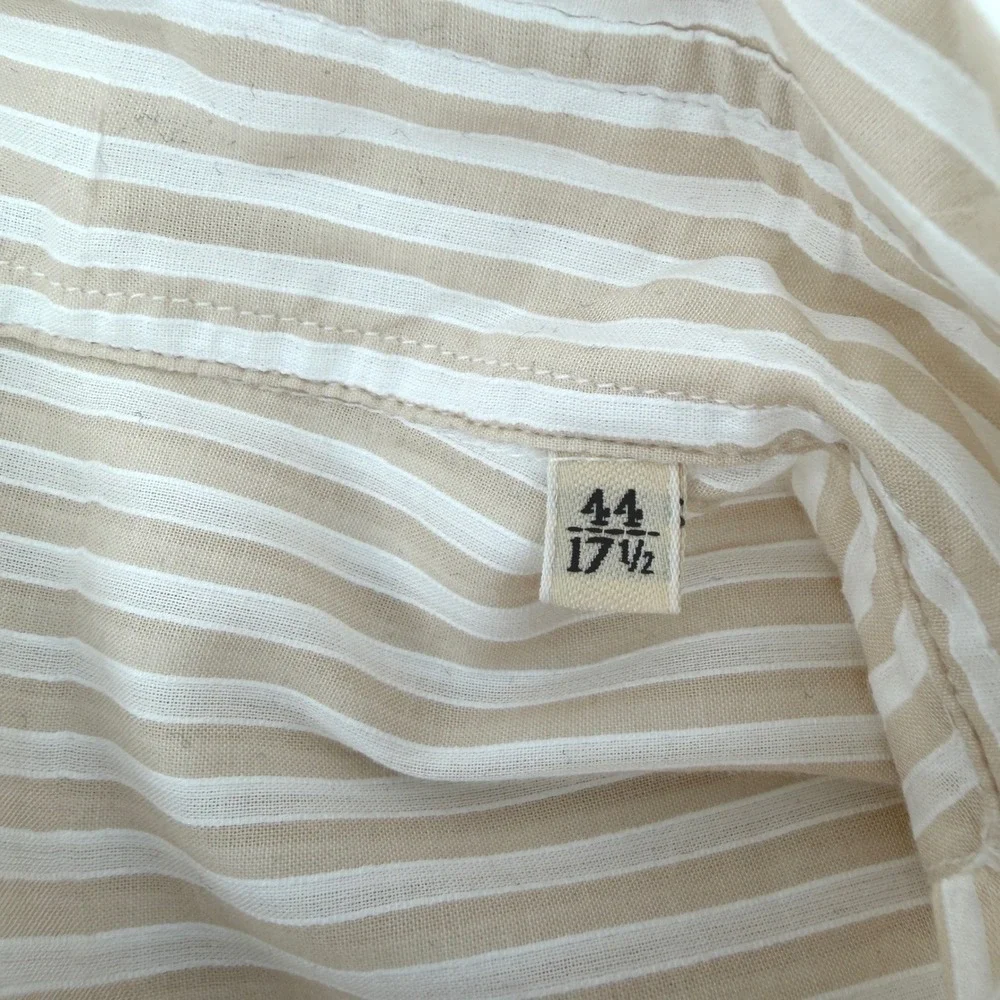 GMF 965 Mens Size 44 17.5 Striped Button Down Shirt Tan White Cotton Long Sleeve